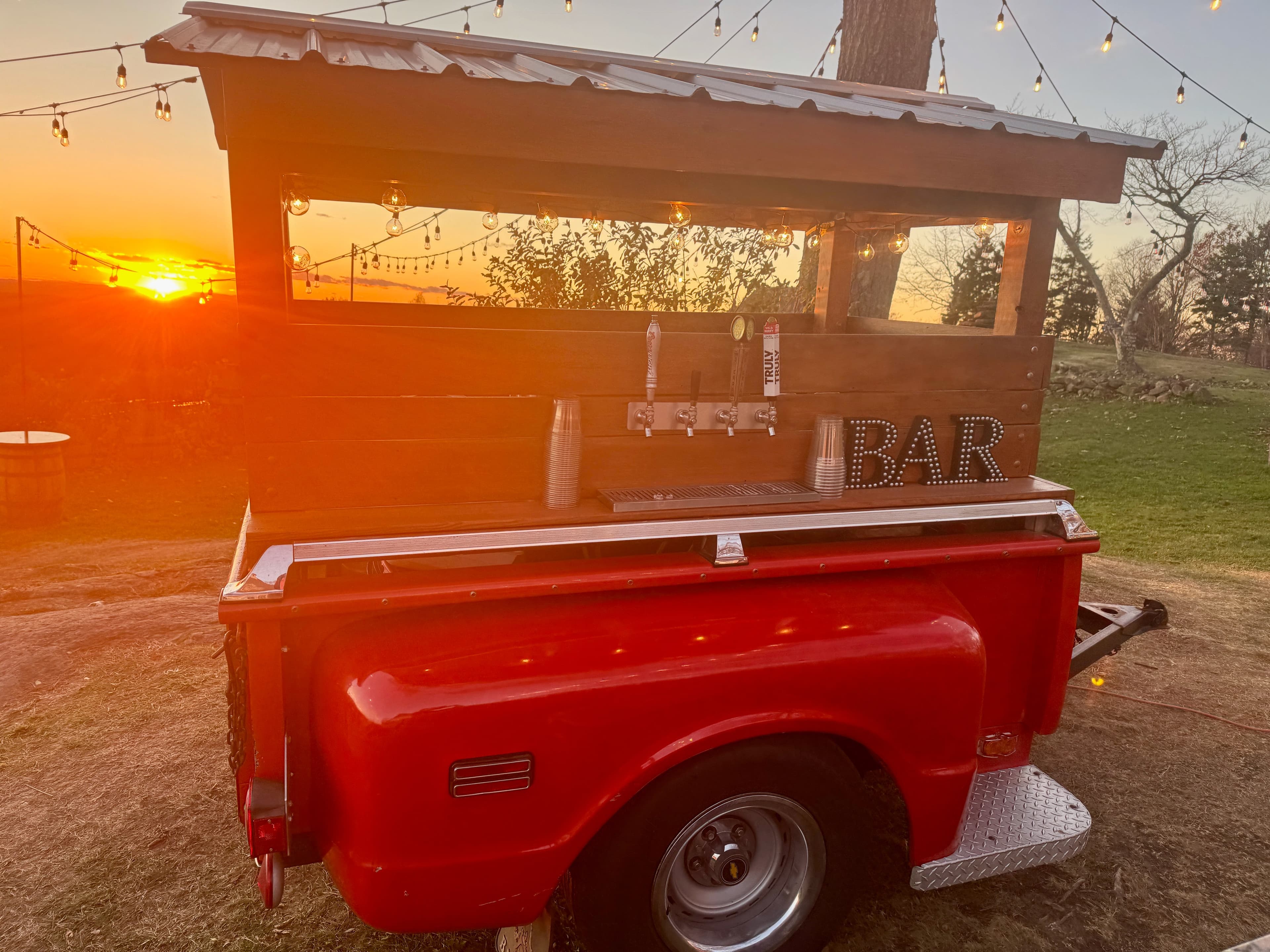 1968 Chevy tap trailer at sunset in New Hampshire